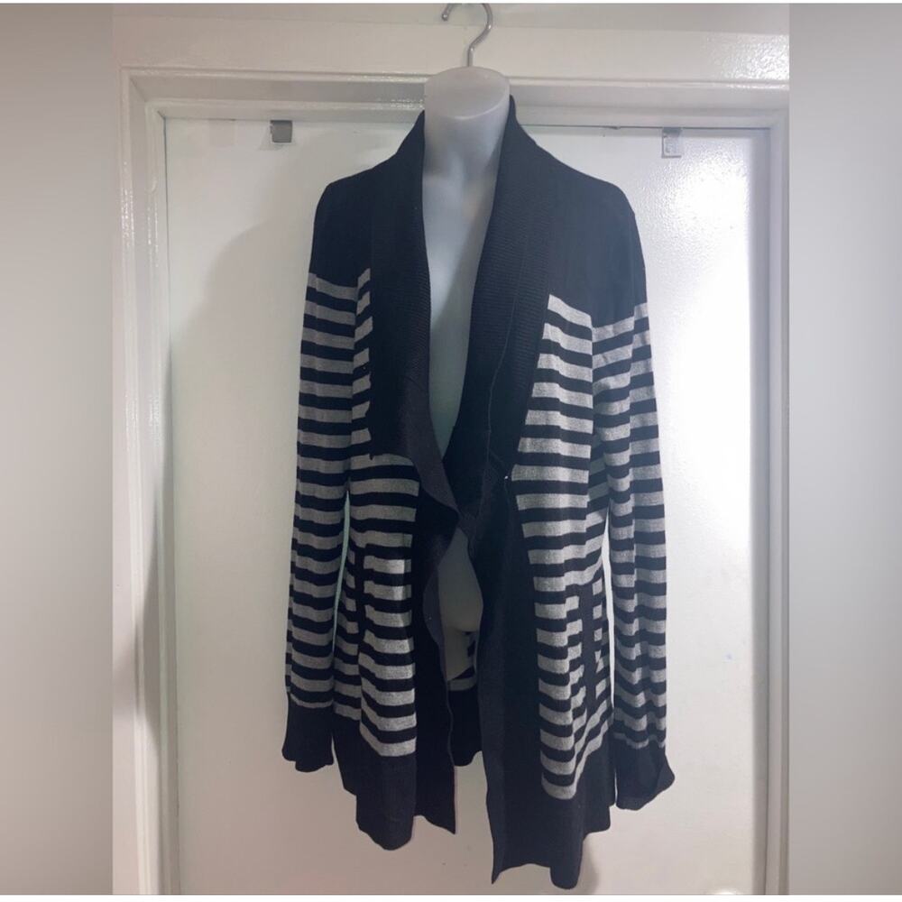 White House Black Market Cardigan Sweater Medium Black White Striped Open Front